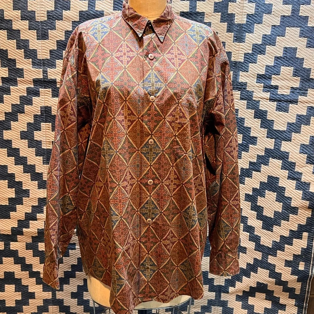 VINTAGE 80s Banana Republic Safari 100% cotton button down‎ shirt argyle diamond
